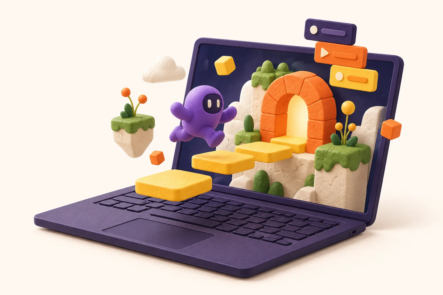 Из ноутбука вырастает мир собственной игры: персонаж, платформы и оранжевый портал
